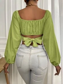 SHEIN Privé Ruched Knot Back Crop Blouse - Lime Green - View 2