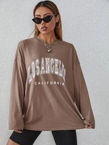 SHEIN MOOSTA 字母图案落肩超大 T 恤图案 T 恤女式上衣，中性秋季女装 - 摩卡棕 - 查看 5