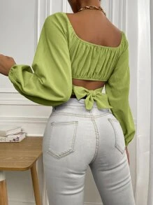 SHEIN Privé Ruched Knot Back Crop Blouse - Lime Green - View 3
