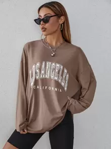 SHEIN MOOSTA 字母图案落肩超大 T 恤图案 T 恤女式上衣，中性秋季女装 - 摩卡棕 - 查看 1