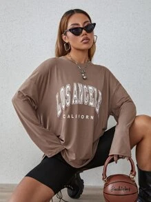 SHEIN MOOSTA 字母图案落肩超大 T 恤图案 T 恤女式上衣，中性秋季女装 - 摩卡棕 - 查看 6