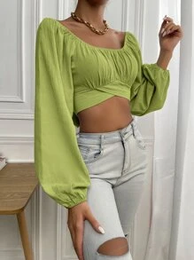 SHEIN Privé Ruched Knot Back Crop Blouse - Lime Green - View 4