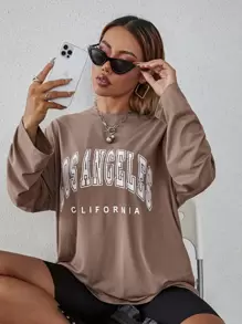 SHEIN MOOSTA 字母图案落肩超大 T 恤图案 T 恤女式上衣，中性秋季女装 - 摩卡棕 - 查看 7