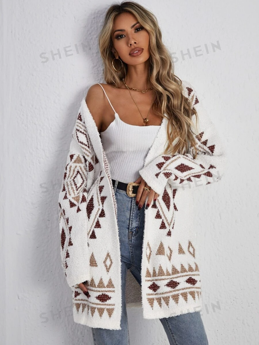 SHEIN LUNE Cárdigan de punto suave con estampado geométrico para otoño/invierno - Multicolor - Ver 1