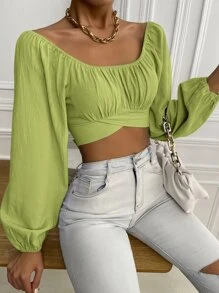 SHEIN Privé Ruched Knot Back Crop Blouse - Lime Green - View 7