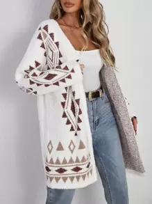 SHEIN LUNE Geo Pattern Fuzzy Knit Cardigan In Fall/Winter - Multicolor - View 3