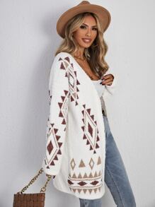 SHEIN LUNE Geo Pattern Fuzzy Knit Cardigan In Fall/Winter - Multicolor - View 4