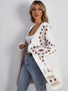 SHEIN LUNE Geo Pattern Fuzzy Knit Cardigan In Fall/Winter - Multicolor - View 5