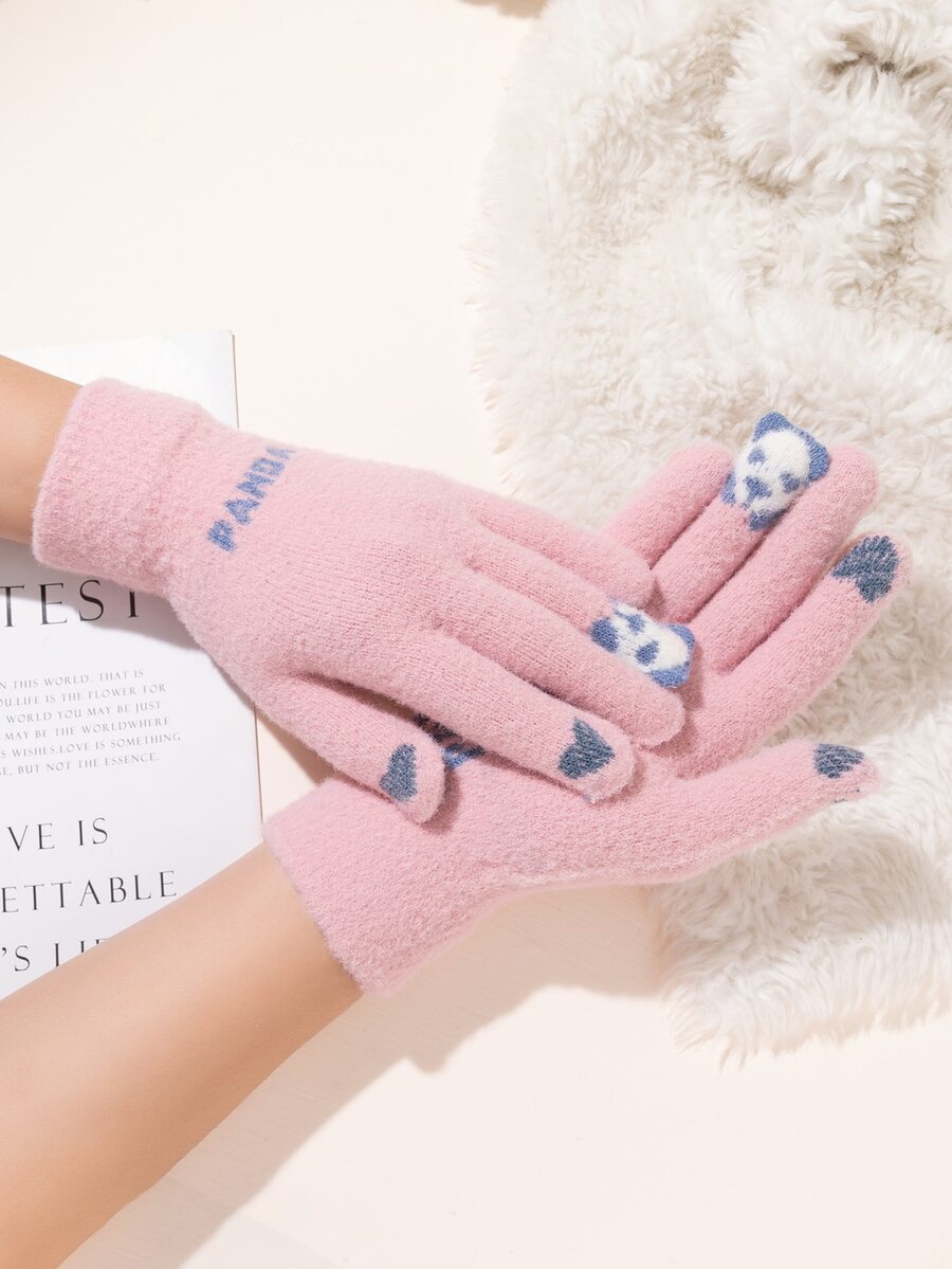 Panda Print Gloves - Pink - View 1