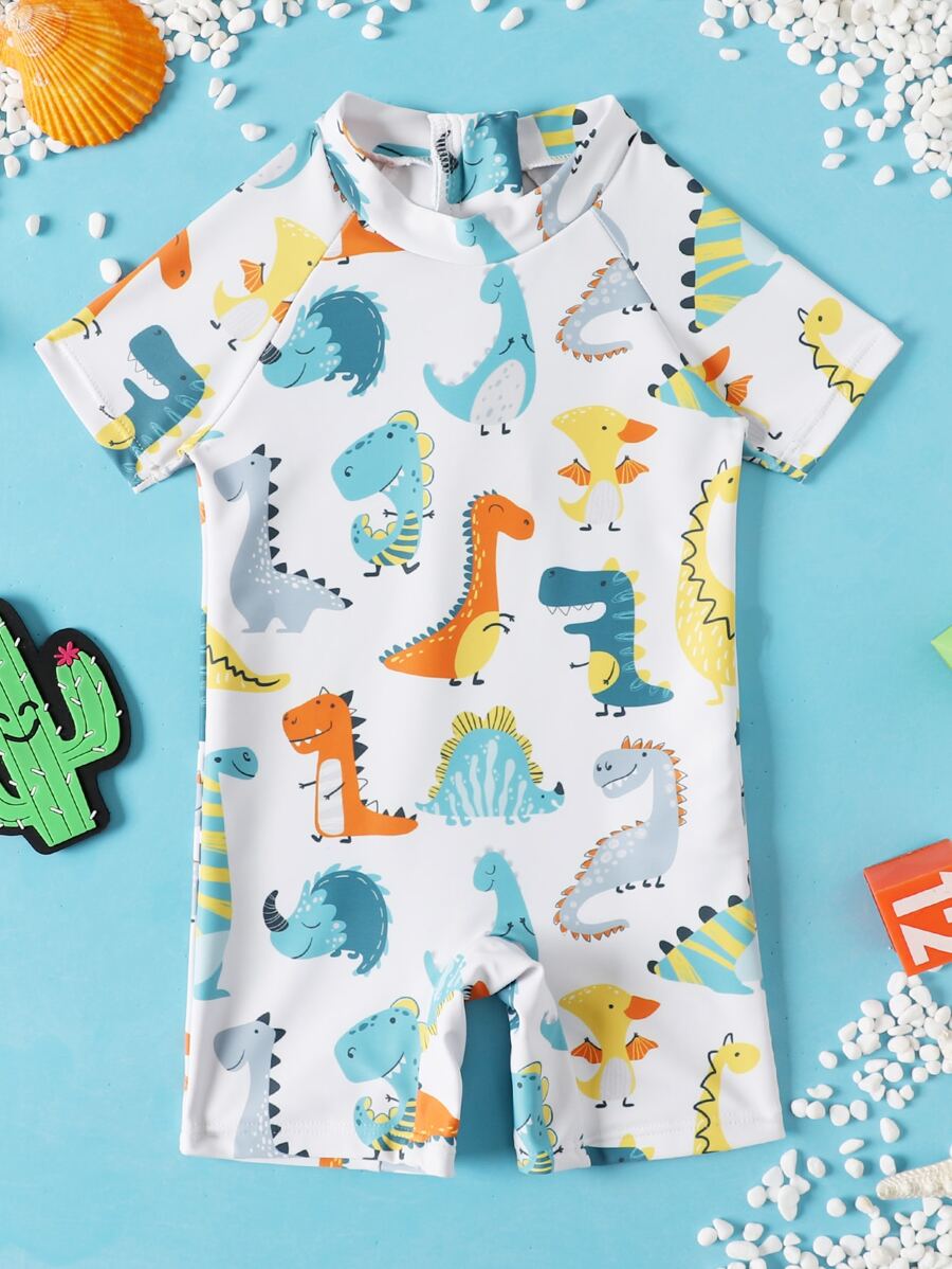 Baby Boy Cartoon Dinosaur Print One Piece Swimsuit - Multicolor - View 1