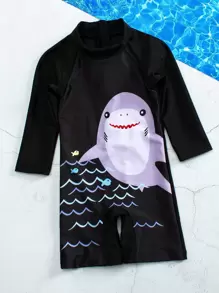 Baby Boy Cartoon Graphic One Piece Swimsuit - Black - View 1