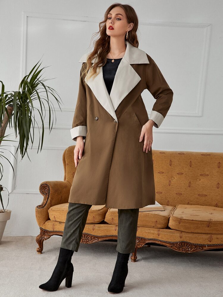 Plus Two Tone Double Breasted Trench Coat - Coffee Brown - View 3