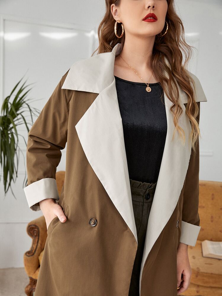 Plus Two Tone Double Breasted Trench Coat - Coffee Brown - View 4