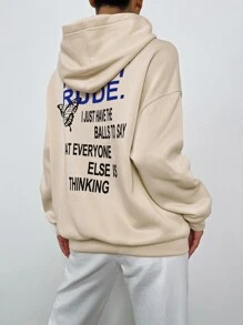 SHEIN Unity Hoodie Khẩu hiệu & Hình ảnh Bướm Túi kangaroo Thả vai - Màu be - Xem 3