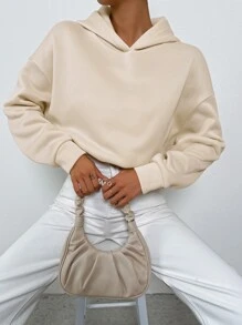 SHEIN Unity Hoodie Khẩu hiệu & Hình ảnh Bướm Túi kangaroo Thả vai - Màu be - Xem 6