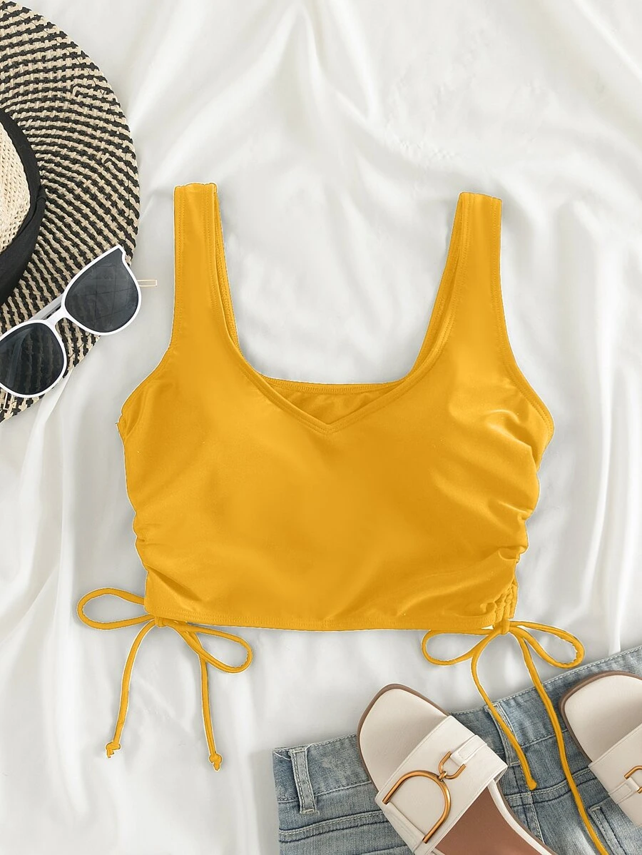 Top de bikini con cordón liso para vacaciones de verano en la playa - Amarillo - Ver 1