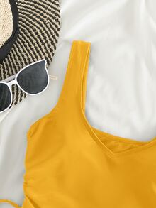 Top de bikini con cordón liso para vacaciones de verano en la playa - Amarillo - Ver 4