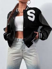 SHEIN Unity Cazadora de universidad con parche de letra ribete de rayas de hombros caídos - Negro - Ver 1