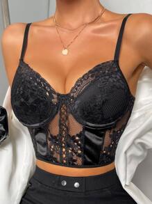 Sheer Floral Lace Bustier Cami Crop Top - Black - View 6