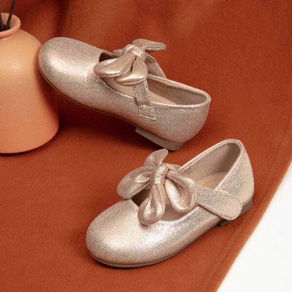 

Girls Bow Decor Metallic Pattern Mary Janes, Champagne