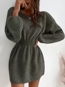 SHEIN LUNE 蝙蝠袖束腰毛衣裙 - 軍綠色 - 查看 1