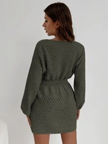 SHEIN LUNE 蝙蝠袖束腰毛衣裙 - 軍綠色 - 查看 2