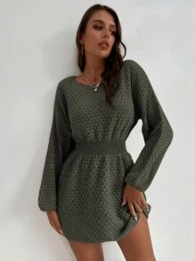 SHEIN LUNE 蝙蝠袖束腰毛衣裙 - 軍綠色 - 查看 4