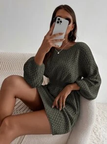 SHEIN LUNE 蝙蝠袖束腰毛衣裙 - 軍綠色 - 查看 5