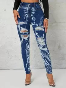 SHEIN Quần jean nữ Nút Túi Bị tách Dây kéo Đá hoa - Rửa tối - Xem 1