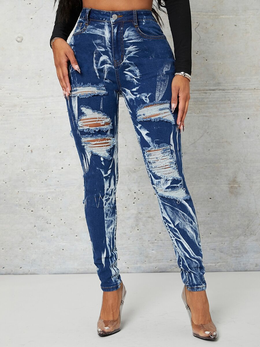 SHEIN Quần jean nữ Nút Túi Bị tách Dây kéo Đá hoa - Rửa tối - Xem 1