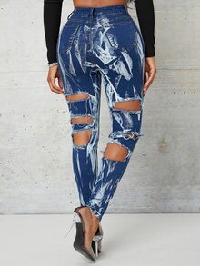 SHEIN Quần jean nữ Nút Túi Bị tách Dây kéo Đá hoa - Rửa tối - Xem 2