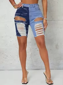 SHEIN SXY Shorts mezclilla desgarro bajo crudo de dos tonos - Azul - Ver 1