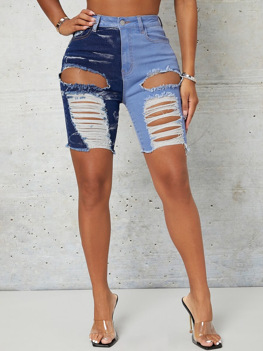 SHEIN SXY Shorts mezclilla desgarro bajo crudo de dos tonos - Azul - Ver 1
