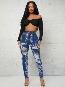 SHEIN Quần jean nữ Nút Túi Bị tách Dây kéo Đá hoa - Rửa tối - Xem 3