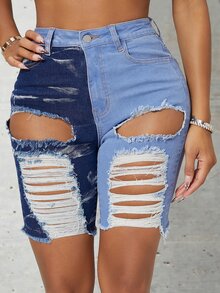 SHEIN SXY Shorts mezclilla desgarro bajo crudo de dos tonos - Azul - Ver 4