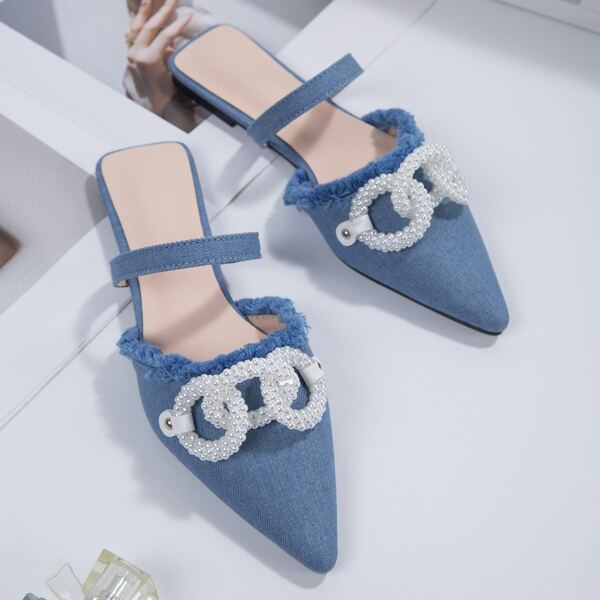 

Minimalist Raw Trim Faux Pearl Decor Point Toe Mules, Blue