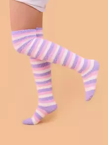Striped Over The Knee Fuzzy Socks - Multicolor - View 4