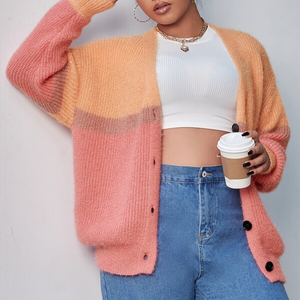 

Plus Colorblock Pattern Drop Shoulder Cardigan, Multicolor