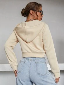 SHEIN Unity Zipper Up Drawstring Crop Hoodie - Beige - View 3