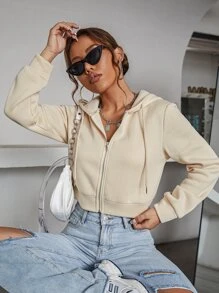 SHEIN Unity Zipper Up Drawstring Crop Hoodie - Beige - View 4