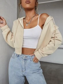 SHEIN Unity Zipper Up Drawstring Crop Hoodie - Beige - View 5