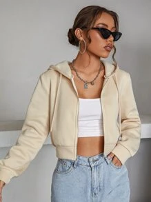 SHEIN Unity Zipper Up Drawstring Crop Hoodie - Beige - View 6