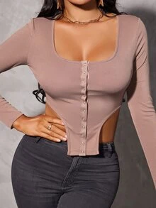 SHEIN SXY 按鈕前不對稱下擺T恤 - 藕粉色 - 查看 2