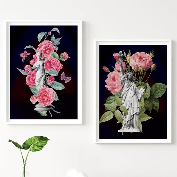 

2pcs Statue & Floral Pattern Unframed Painting, Multicolor