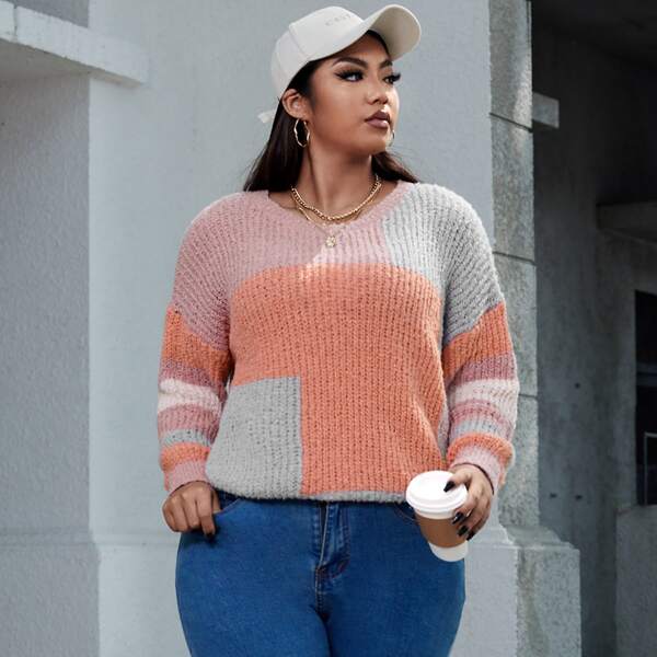 

Plus Colorblock Drop Shoulder Sweater, Multicolor
