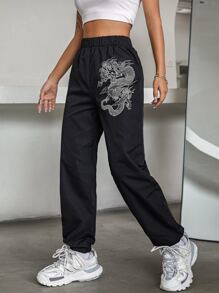 SHEIN Unity Chinese Dragon Graphic Joggers - Black - View 2