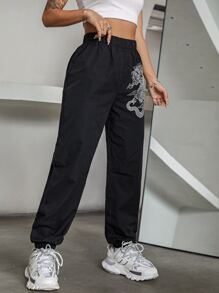 SHEIN Unity Chinese Dragon Graphic Joggers - Black - View 4