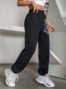 SHEIN Unity Chinese Dragon Graphic Joggers - Black - View 5