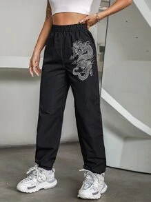 SHEIN Unity Chinese Dragon Graphic Joggers - Black - View 6
