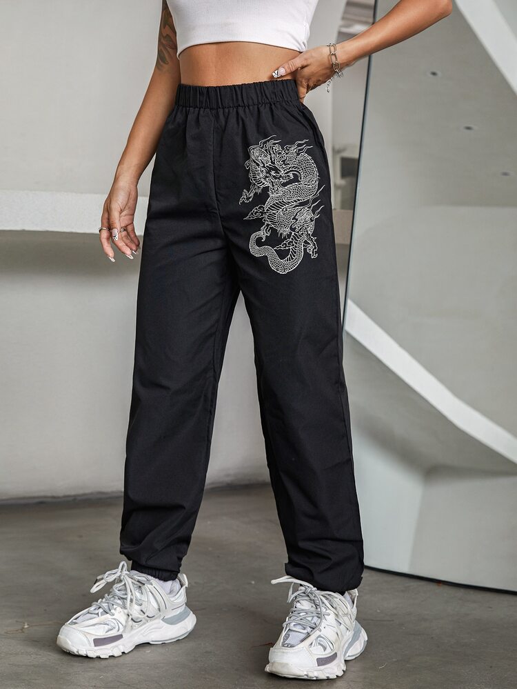 SHEIN Unity Chinese Dragon Graphic Joggers - Black - View 6